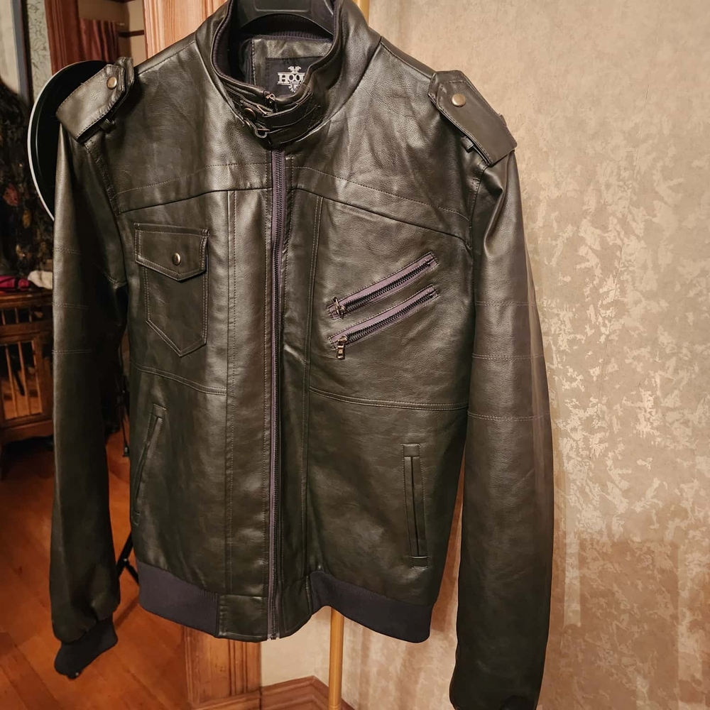 Men's Black Faux Leather Bomber Jacket